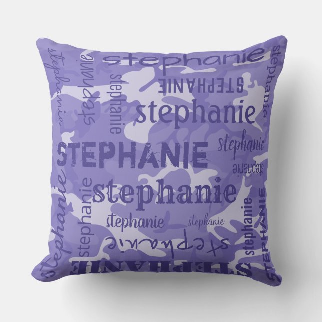 Camo Personalized Longer Name Purple Throw Pillow (Front)