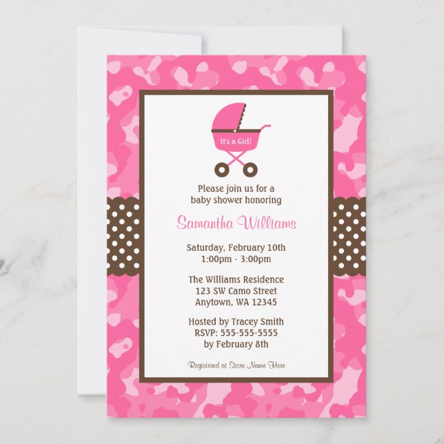Camo Pink Brown Carriage Dots Baby Shower Invitation (Front)