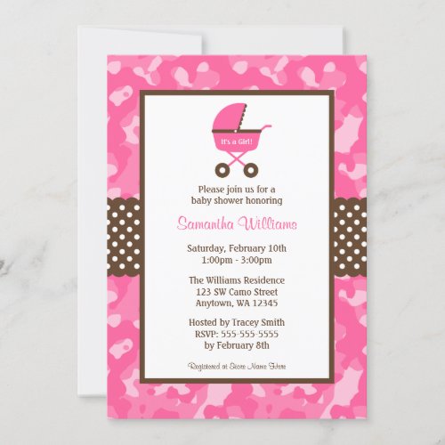 Camo Pink Brown Carriage Dots Baby Shower Invitation