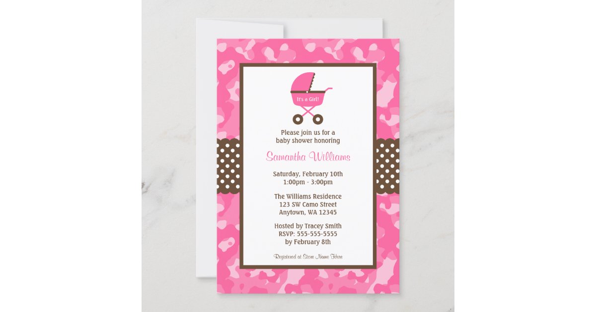 Camo Pink Brown Carriage Dots Baby Shower Invitation Zazzle Com