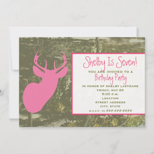 Camo  Pink Deer Head Birthday Party Invite