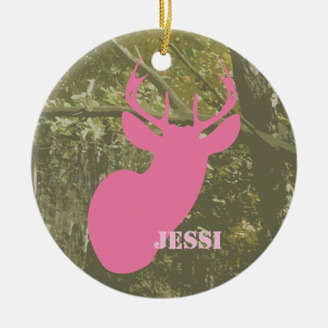 Camo & Pink Deer Head Personalized Ornament (Front)