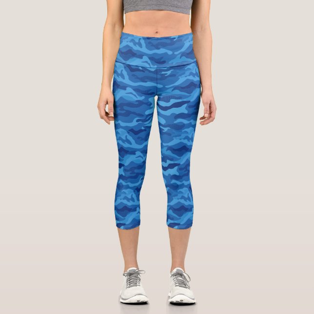 Camo Print, Blue Camouflage Pattern Custom Capri Leggings (Front)