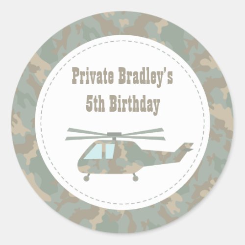 Camo Print Helicopter Army Boys Birthday Party Classic Round Sticker