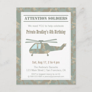 Camo Print Helicopter Army Boys Birthday Party Invitation