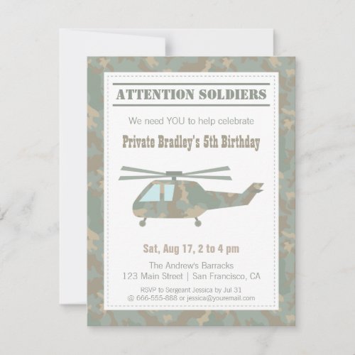 Camo Print Helicopter Army Boys Birthday Party Invitation