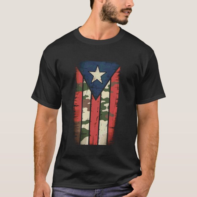Camo Puerto Rico Flag Boricua Pride Camouflage Coq T-Shirt (Front)