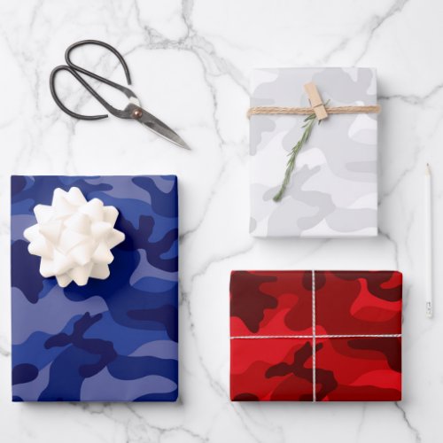 Camo Red Lt Grey Blue Bright Gifting Wrapping Paper Sheets