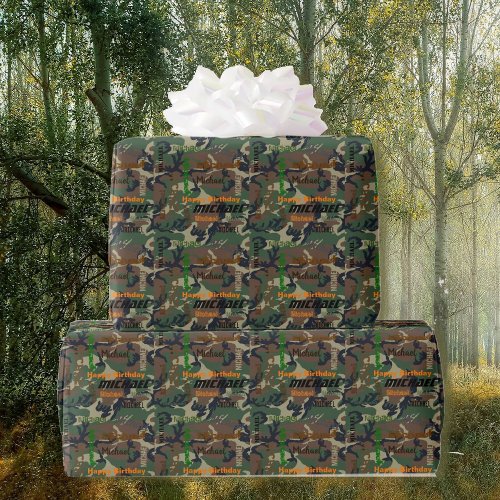 Camo Repeating NAME Happy Birthday Gift  Wrapping Paper