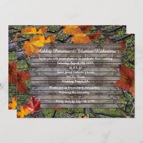 Camo Rustic Wood Fall Leaves Wedding 2 Invitation