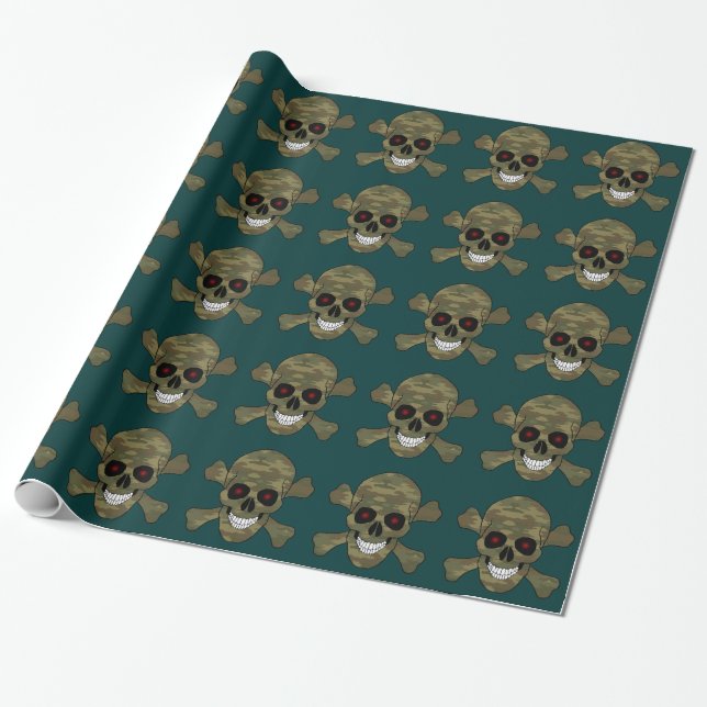 Camo Skull Red Eyes And Crossbones Wrapping Paper (Unrolled)