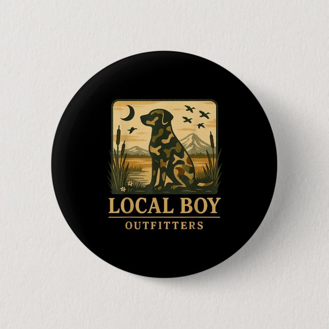 Camo Southern Local Boy Duck Hunting Black Lab Out Button (Front)