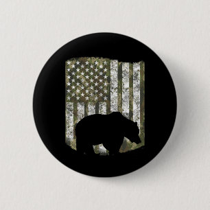 Camo Us Flag Bear Grizzly Camoflage Hunting Hunter Button
