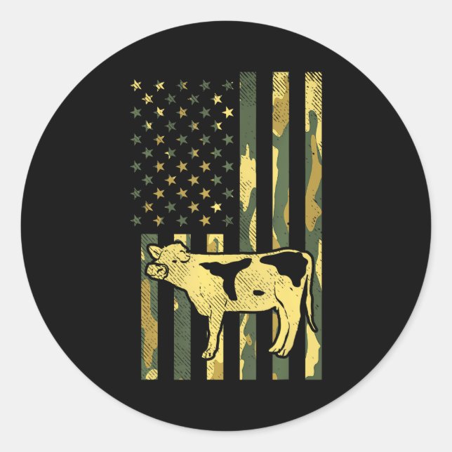 Camo US Flag Cow Military Farm Animal Patriotic Classic Round Sticker (Front)