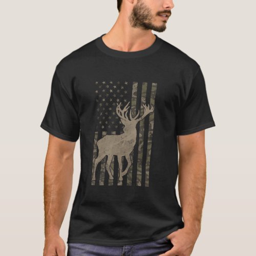 Camo US Flag Deer Elk Buck Camoflage Hunting Hunte T_Shirt