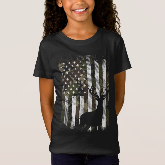 Camo US Flag Deer Elk Buck Camoflage Hunting Hunte T-Shirt (Front)