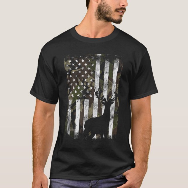 Camo US Flag Deer Elk Buck Camoflage Hunting Hunte T-Shirt (Front)