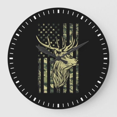 Camo US Flag Deer Elk Buck Camoflage Hunting Large Clock