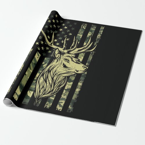 Camo US Flag Deer Elk Buck Camoflage Hunting Wrapping Paper