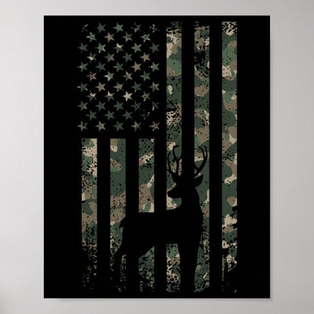Camo Us Flag Deer Elk Buck Camouflage Hunting Hunt Poster (Front)