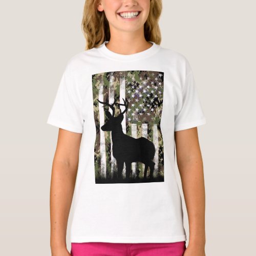 Camo US Flag Deer Elk Buck Camouflage Hunting T_Shirt