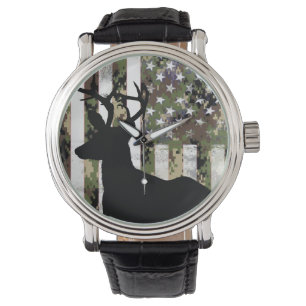 Camo US Flag Deer Elk Buck Camouflage Hunting Watch