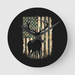 Camo US Flag Deer Hunting Camoflage Hunter Round Clock