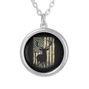 Camo US Flag Deer Hunting Camoflage Hunter Silver Plated Necklace