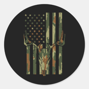 Camo Us Flag Deer Skull Vintage Hunting Patriotic Classic Round Sticker