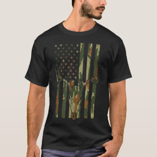 Camo US Flag Deer Skull Vintage Hunting Patriotic T-Shirt