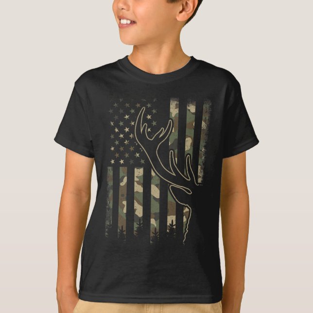 Camo Us Flag Elk Buck Camouflage Deer Hunting Hunt T-Shirt (Front)