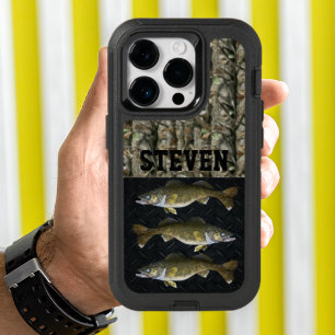 Camo Walleye Fishing Personalized Name Men's OtterBox iPhone 14 Pro Case