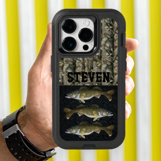 Camo Walleye Fishing Personalized Name Men's Otterbox iPhone Case (Walleye fishing phone case.)