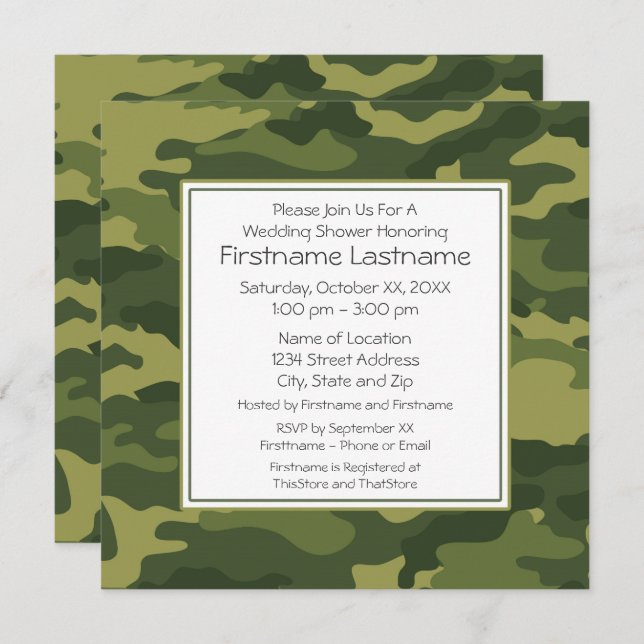 Camo Wedding Shower or Party Invitation (Front/Back)