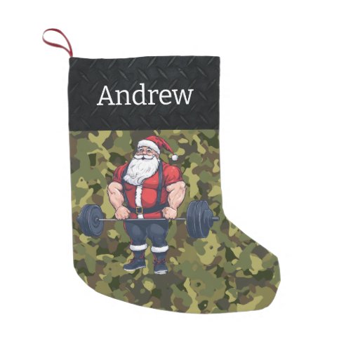 Camo Weightlifting Santa Barbell Gym Cool Fitness Small Christmas Stocking