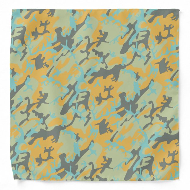 Camo Yellow Gray Teal Blue White Cloth Bandana (Front)