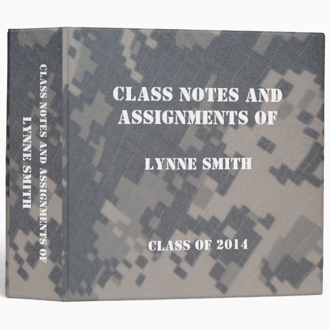 Camoflauge ACU Class Notes, Personalized 3 Ring Binder (Front/Spine)