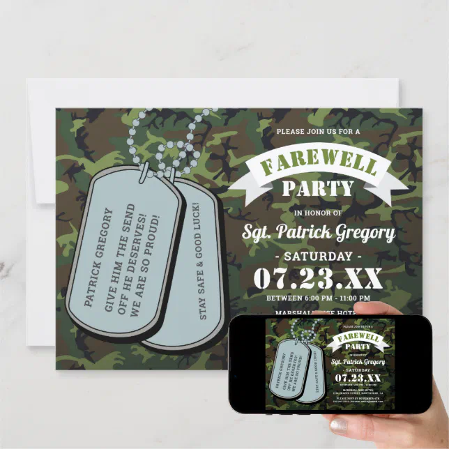 Camoflauge Soldier Dog Tags Farewell Party Invitation (Downloadable)