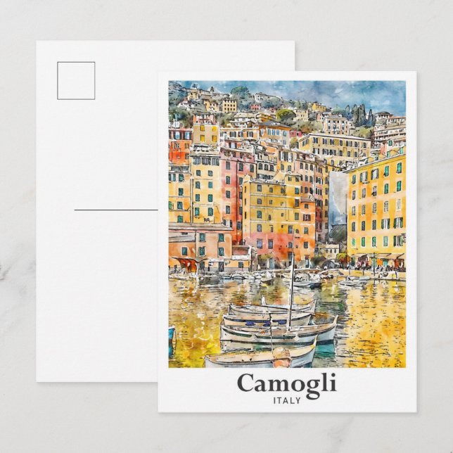 Camogli Italy Travel Watercolor Hand Drawn Postcard (Front/Back)