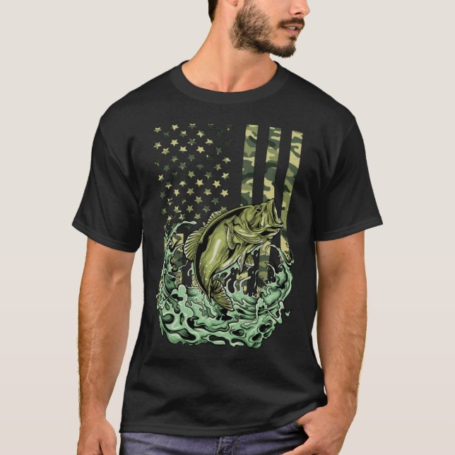 Camouflage American Flag Bass Fishing Fisherman Fa T-Shirt (Front)