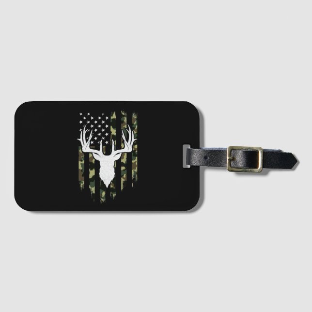 Camouflage American Flag Deer Hunting Luggage Tag (Front Horizontal)