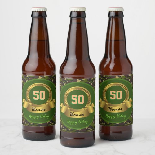 Camouflage army green 50th Birthday  hunter party Beer Bottle Label