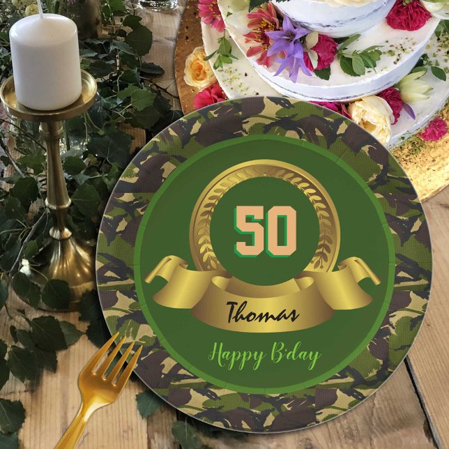 Camouflage army green 50th Birthday / hunter party Paper Plates (Creator Uploaded)