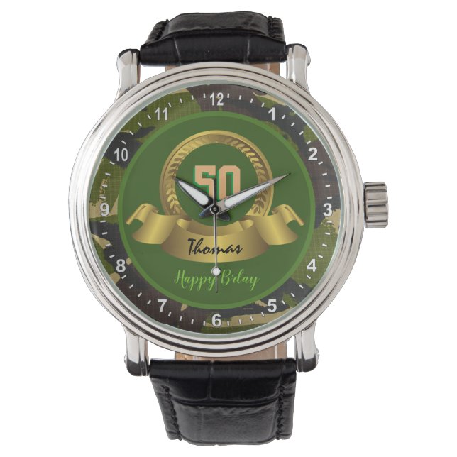 Camouflage army green 50th Birthday / hunter party Watch (Front)
