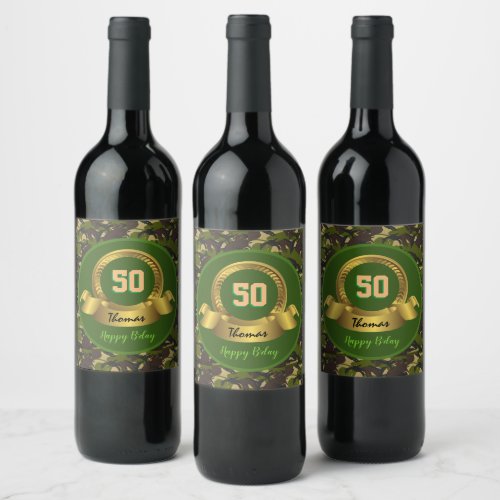 Camouflage army green 50th Birthday  hunter party Wine Label