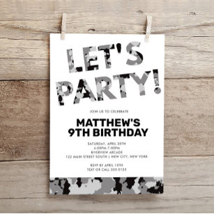 Camouflage Birthday, Let's Party Grey Camo Invitation