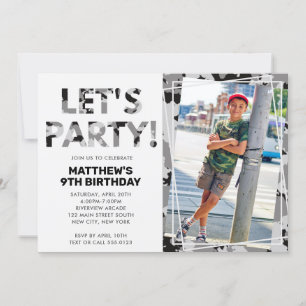 Camouflage Birthday, Let's Party Grey Camo Photo Invitation