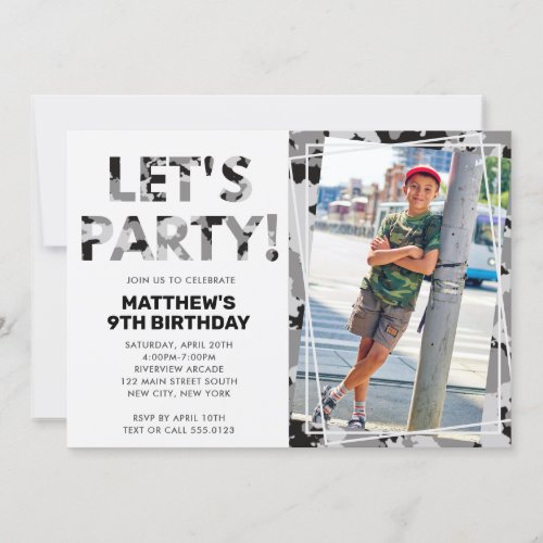 Camouflage Birthday Lets Party Grey Camo Photo Invitation