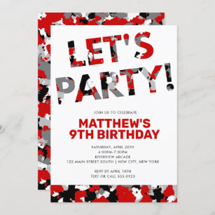 Camouflage Birthday, Let's Party Red Black Camo Invitation