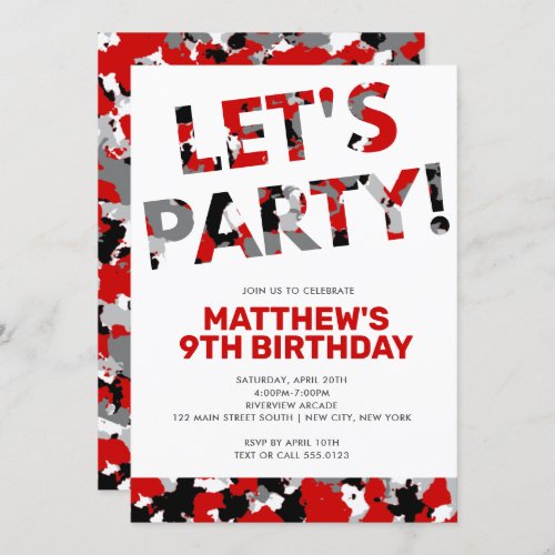 Camouflage Birthday Lets Party Red Black Camo Invitation